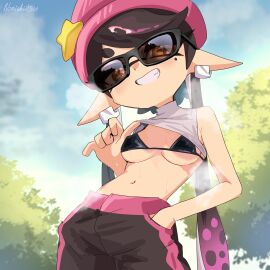 +_+ 1girls absurdres artist_name beanie black-framed_eyewear black_bra black_hair black_pants blue_sky bra breasts callie_(agent_1_casual)_(splatoon) callie_(splatoon) cephalopod_eyes clothes_lift cloud cloudy_sky contrapposto covered_erect_nipples cowboy_shot crop_top cross-shaped_pupils earclip earrings female from_below gradient_hair grey_shirt grin halterneck hand_in_pocket hat hat_ornament highres inkling jewelry long_hair looking_at_viewer midriff mole mole_under_eye multicolored_hair navel nintendo norishiitsu oerba_yun_fang orange_eyes outdoors pants pink_hair pink_hat pink_trim pointy_ears reflective_eyewear shirt shirt_lift short_eyebrows signature sky small_breasts smile solo splatoon_(series) squid_girl standing star_(symbol) star_hat_ornament steam stomach sunglasses sweat swept_bangs symbol-shaped_pupils teeth tentacle_hair thick_eyebrows thick_eyelashes tree turtleneck twintails two-tone_hair underboob underwear