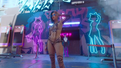 2girls 3d bikini breasts breasts_out cyberpunk_2077 female female_only fishnet fishnet_legwear fishnet_stockings glasses multiple_females multiple_girls panties pubic_hair pubic_hair_peek pussy red_lipstick rita_wheeler tattoo thick_thighs thighs v_(cyberpunk_2077) vagina valerie_(cyberpunk_2077) white_hair