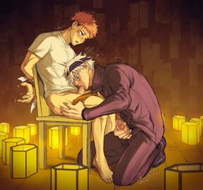 2boys blowjob blue_eyes blush brown_eyes erect_penis erection genitals goyuu grabbing_penis hand_on_penis itadori_yuuji jujutsu_kaisen light_skin male male/male male_only masturbation older_male oral oral_sex penis pink_hair saliva satoru_gojo sex student teacher teacher_and_student tied_up white_hair yaoi yellow_underwear younger_male