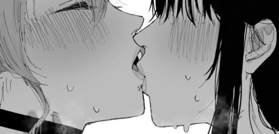 2girls biting_lip black_hair blush carrot_011 choker closed_eyes collar female hololive hololive_english hololive_english_-advent- hololive_gen_0 hololive_japan hoshimachi_suisei kissing_lips lesbian_kiss lip_bite nerissa_ravencroft sensual sweat sweating virtual_youtuber vtuber yuri