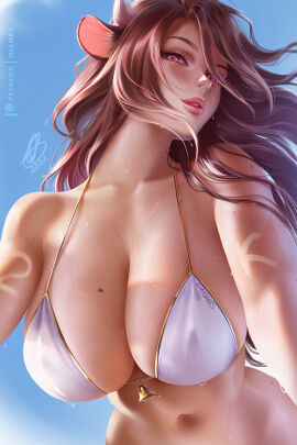 big_breasts bra breasts brown_hair cow_ears female heart_eyes heart_pupils heart_shaped_pupils horn horns large_breasts mui_(olchas) olchas pink_eyes summer tagme wet white_bra