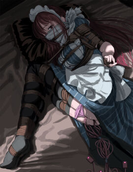 anal anal_object_insertion apron black_thighhighs blue_dress bondage bound bound_arms bound_legs covered_mouth dress female fetal_position full_body highres itou_tatsuya long_dress long_hair long_sleeves looking_at_viewer lying maid_headdress makuzawa_ouka megami_no_kafeterasu object_insertion on_side pillow pussy pussy_juice red_eyes red_hair restrained sex_toy solo striped_clothes striped_dress thighhighs vaginal_object_insertion vaginal_penetration vertical-striped_clothes vertical-striped_dress vibrator vibrator_in_anus waist_apron waitress