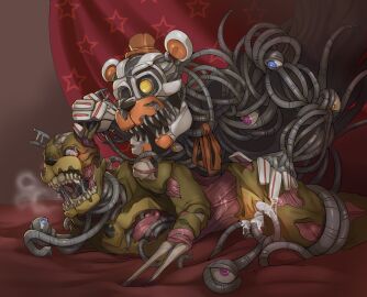 ambiguous_penetration aroused bondage five_nights_at_freddy's fluids fnaf gay male male_only molten_freddy panting penetration pressed_against repressed_youth restrained scraptrap wire