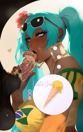 1boy 1girls blue_hair brazilian_miku clothed_female_nude_male dirty_penis fellatio female feral_smegma handjob hatsune_miku hentai_genia horse horsecock huge_cock licking_penis male oral penis smegma smegma_in_mouth smegma_on_tongue sunglasses_on_head twintails vocaloid zoophilia