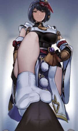 animated big_breasts bouncing_breasts breasts bulge dominant_female feet female femdom foot_fetish footjob footjob_over_clothes footjob_with_one_foot fully_clothed genshin_impact gif kujou_sara legs looking_down sawa_(sawaillust) sockjob socks standing standing_footjob steam tabi tabi_socks white_socks