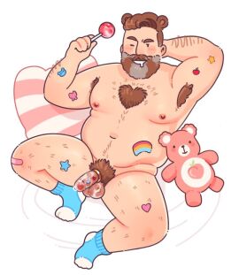 1boy animal_ears armpit_hair armpit_hair_peek bandaid bandaid_on_knee bandaid_on_leg bara bear_ears beard belly blush body_fur brown_hair candy chest_tuft cock_ring completely_nude condom condom_on_penis cum_on_penis drooling excessive_armpit_hair facial_hair fat fat_male flaccid food full_beard full_body hairy heart-shaped_body_hair holding lgbt_pride lollipop looking_at_viewer lying male male_focus male_pubic_hair mature_male navel navel_hair nipples nude on_back one_eye_closed original pansexual_pride_colors peach_emoji penis pillow pink_bandaid porramarquinhos pubic_hair rainbow_print seductive_smile sex_toy short_hair smile socks solid_circle_eyes solo sparse_arm_hair sparse_chest_hair sparse_leg_hair stomach streaked_beard stuffed_animal stuffed_toy teddy_bear thick_beard thick_eyebrows thick_thighs thighs uncensored yaoi