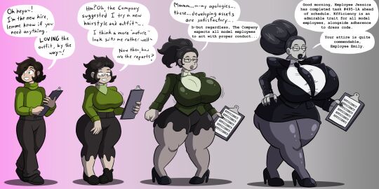 1boy 1girls ass black_hair black_jacket black_lips breasts corporatification female gender_transformation getting_bigger gradient_background half-closed_eyes high_heels huge_ass huge_breasts juliet_sleeves male miniskirt mtf_transformation necklace original pale_skin pantyhose prinnydood rule_63 simple_background skirt speech_bubble thick_thighs transformation transformation_sequence walking