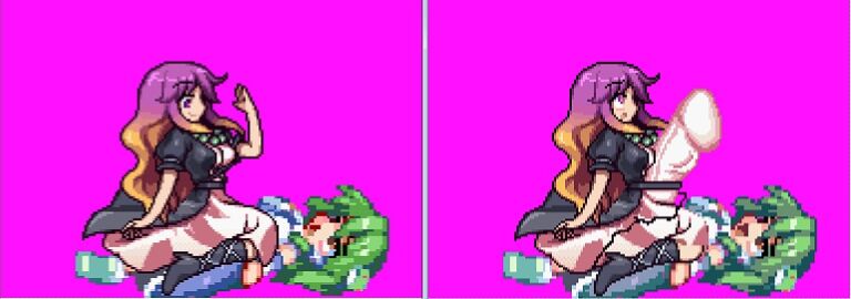 1futa 1girls dress erection female fully_clothed futa_with_female futanari futasub giving_in_to_pleasure gradient_hair green_hair hijiri_byakuren intersex jpeg jpeg_artifacts laying_down laying_on_back laying_on_ground looking_pleasured m.u.g.e.n pixel_art purple_hair sanae_kochiya sitting_on_lap sprite sprite_art sprite_edit submissive submissive_futa touhou touhou_project