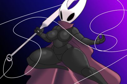 3_fingers anthro arthropod bent_leg black_body breasts cape clothing exoskeleton featureless_breasts female fingers genitals holding_object holding_weapon hollow_knight hollow_knight_(franchise) hornet_(hollow_knight) insects melee_weapon pointed_feet pussy simple_background solo sword team_cherry thick_thighs void_eyes vulva weapon whitestellar