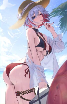 alternate_costume ass bakemonsou bare_shoulders big_ass bikini blue_eyes breasts colored_inner_hair day earrings female finger_to_mouth from_side hat honkai:_star_rail honkai_(series) jewelry looking_at_viewer looking_to_the_side medium_breasts medium_hair multicolored_hair one_eye_closed outdoors palm_tree parted_lips red_hair side-tie_bikini_bottom sideboob sky solo sun_hat swimsuit topaz_(honkai:_star_rail) two-tone_hair underboob water_drop wet white_hair