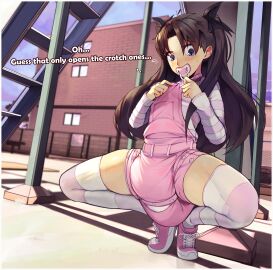 1girls abdl adult_baby big_diaper black_hair blue_eyes blush breasts diaper diaper_under_clothing diapered diapered_lovers embarrassed embarrassed_female fate_(series) female hollydiver234 locked locked_in_outfit locked_outfit long_hair long_sleeves magical_lock magically_locked messy_diaper onesie overalls pacifier pink_outfit pink_overalls pink_sneakers playground poofy_diaper slide small_breasts sneakers squatting stockings striped_shirt striped_stockings tohsaka_rin