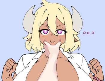 annoyed big_breasts blonde_hair breasts button_shirt cheek_grabbing_material_(meme) clothes cow_girl cow_horns cow_tits dmxwoops female horns huge_breasts margarine_(deumosden) meme original pov_cheek_grabbing_(meme) purple_eyes short_hair wholesome