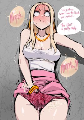 1girls absurdres barbara_(biku) bare_shoulders biku blonde_hair blush bow bow_panties breasts cleavage clothes_lift desperation english_text female hand_in_own_panties hand_in_panties have_to_pee hiding highres holding_breath holding_crotch jewelry large_breasts long_hair necklace original panties pee_denial pee_desperation peeing peeing_self pink_panties shiny_skin skirt skirt_lift speech_bubble stained_panties sweat tank_top thighs underwear urine white_tank_top