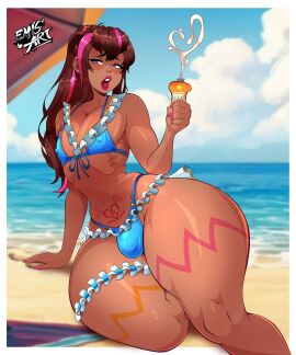 1boy alternate_version_available artist_logo ass ass_bigger_than_head beach beach_towel beach_umbrella big_ass big_butt bikini bottom_heavy brown_hair bubble_ass bubble_butt bulge bulge_through_clothing clothing crossdressing curvaceous curvy curvy_figure dark-skinned_femboy dark_male_only dark_skin emis_art erect_nipples erect_nipples_under_clothes femboy girly huge_ass lipstick long_hair male male_only mostly_nude nipples ocean ocean_background open_mouth pink_eyes pink_highlights pink_lipstick pink_nails pubic_tattoo puffy_lips slim_waist solo solo_male succubus_tattoo sunscreen tattoo thick_thighs umbrella voluptuous voluptuous_male wide_hips