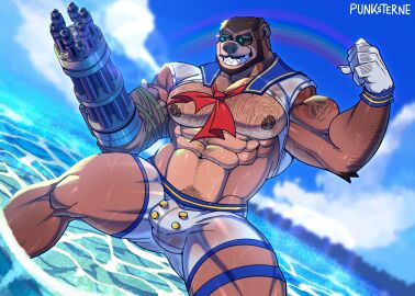 abs alternate_species anthro bara barret_wallace beach bear big_pecs bikini body_hair brown_body brown_fur bulge chest_hair clothing eyewear facial_hair final_fantasy final_fantasy_vii flaccid flexing flexing_bicep fur furrification gay glasses grin gun_arm hi_res japanese_uniform male male_only mammal moustache muscular muscular_anthro muscular_male nipples pecs pubes school_uniform semi-transparent smile solo square_enix swimwear thick_thighs two-piece_swimsuit uniform vier_punksterne wet yaoi