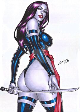 1girls 2024 ass big_ass carlos_braga ed_benes_studio elbow_gloves female female_only gloves katana large_ass leotard long_hair marvel marvel_comics psylocke_(kwannon) purple_hair red_lips solo solo_female superheroine white_background x-men