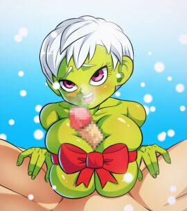bigduck breasts broly cheelai compressed_breasts curvy curvy_figure dragon_ball dragon_ball_super female green_body green_skin short_hair squeezing_breast tagme titjob white_hair