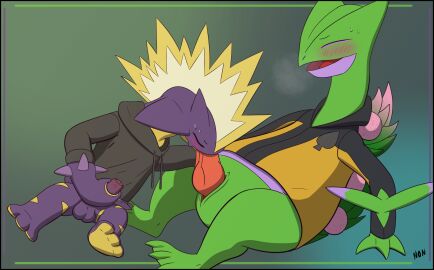 2024 3_fingers 3_toes 5_fingers amped_toxtricity animal_genitalia anthro balls black_clothing black_hoodie black_jacket black_topwear blush blush_lines bodily_fluids bottomless breath closed_eyes clothed clothing countershade_face countershade_feet countershade_hands countershade_neck countershade_torso countershading digital_media_(artwork) duo electrical_hair electricity erection fan_character fangs feet fellatio fingers foreskin generation_3_pokemon generation_8_pokemon genital_slit genitals glans green_body hi_res hoodie hoodie_only humanoid_genitalia humanoid_penis jacket jacket_only knot looking_pleasured male male/male masturbating_while_penetrated masturbation membrane_(anatomy) multicolored_body nintendo nongen open_mouth oral oral_penetration partially_retracted_foreskin penetration penile penis pokemon pokemon_(species) pseudo_hair purple_body purple_countershading realistic_penis_size red_glans retracted_foreskin sceptile seeds_on_back sex shaded signature simple_background sitting sitting_on_ground smile spades_(suit) spikes spikes_(anatomy) suit_symbol sweat tail teeth toes topwear topwear_only toxtricity two-tone_body uncircumcised webbed_feet yellow_body yellow_clothing yellow_countershading yellow_jacket_(clothing) yellow_topwear