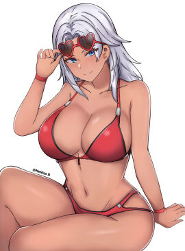 1girls blue_eyes breasts busty cleavage curvy dark-skinned_female dark_skin elma_(xenoblade_x) female female_only hand_on_head heart_shaped_sunglasses highres holding_sunglasses large_breasts long_hair looking_at_viewer meidza_d midriff monolith_soft navel nintendo raised_sunglasses red_swimsuit silver_hair slim_waist sunglasses sunglasses_on_head swimsuit thick_thighs thighs voluptuous wide_hips xenoblade_(series) xenoblade_chronicles_x