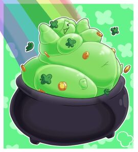 1girls ass belly big_belly breasts cauldron coin coins fat fat_fetish female female_focus female_only four_leaf_clover green_body green_hair hair_covering_eye hair_over_one_eye hips large_ass large_breasts mam_(wamnugget) nude nude_female overweight overweight_female rainbow saint_patricks_day slime slime_girl st._patrick's_day stomach thick_thighs thighs wamnugget wide_hips