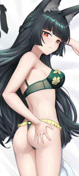 1girls animal_ears ass ass_focus ass_grab black-haired_female black_hair breasts dakimakura female fox_ears fox_girl from_behind green_lingerie hoshimi_miyabi kemonomimi looking_at_viewer looking_back medium_breasts red-eyed_female red_eyes rinkiusagisoul sole_female zenless_zone_zero