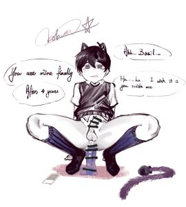 1boy 2d alternate_version_available anal_penetration anal_plug balls ballsack buttplug buttplug_tail cat_boy cat_ears catboy censored dildo dildo_in_ass extremely_gay femboy gay highres male mentioned_character neko omori penis psychokokuon purple_dildo riding_dildo solo sunny_(omori) text thighhighs thighs very_gay yaoi