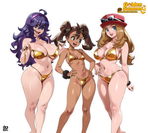 3girls :d absurdres ahoge bikini_top_pull black_nails blonde-haired_female blonde_hair blue_eyes breasts brown-haired_female brown_hair cleavage collarbone dark-skinned_female dark_skin eyewear_on_headwear female game_freak green_eyes hands_on_own_hips hat hex_maniac hex_maniac_(pokemon_xy) highres kyoffie long_hair looking_at_viewer medium_breasts multiple_females multiple_girls navel nintendo open_mouth pokemon pokemon_xy purple-haired_female purple_hair red_hat scrunchie serena_(pokemon) serena_(pokemon_games) shauna_(pokemon) simple_background smile standing stomach twintails very_long_hair wavy_hair white-framed_eyewear white_background wrist_scrunchie