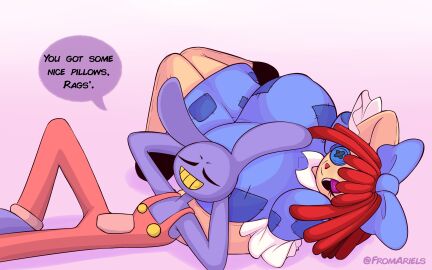 1boy 1girls anthro background big_breasts breasts button_eyes closed_eyes clothed clothing doll duo eyebrows eyelashes eyes female fromariels furry furry_with_non-furry glitch_productions hair hi_res highres huge_breasts humanoid interspecies jax_(the_amazing_digital_circus) laying_down light-skinned_female light_skin lying male male/female no_sex on_back overalls purple_skin rabbit ragatha ragatha_(the_amazing_digital_circus) red_hair simple_background smile straight suggestive tagme teeth text the_amazing_digital_circus white_background yellow_teeth