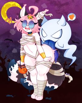 1girls anthro butt_lick female furry furry_female ghost glasses halloween halloween_costume kitsune kitsuneart2 kitsunearts mummy mummy_costume original_character shiro_(kitsuneart2) shortstack surprised
