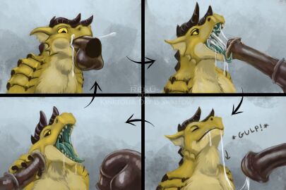 4_panel_comic ambiguous_gender animal_genitalia animal_penis anthro anthro_penetrated balls bodily_fluids cheek_bulge comic comic_panel cum cum_in_mouth cum_inside cumshot deepthroat disembodied_penis ejaculation equine_genitalia equine_penis fellatio genital_fluids genitals hi_res horn kinktober kobold kwytt male neck_bulge oral oral_penetration penetration penile penis reku_illustration scalie sex simple_background solo solo_focus swallowing teeth yellow_body