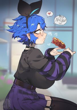 1girls black_thighhighs blue_hair breasts choker corndog dif_(difman) difman eating female food from_side garter_straps glasses huge_breasts open_mouth pleated_skirt sitting skirt solo striped_shirt tagme thighhighs yellow_eyes