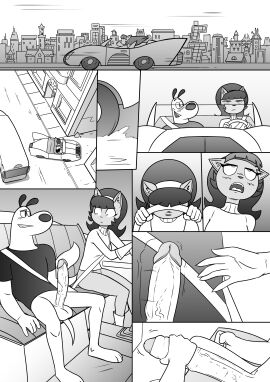 1boy 1girls 2024 5_fingers absurd_res accessory afterimage annoyed anthro anthro_on_anthro balls bent_arm big_eyes big_nose big_penis big_snout biped bird's-eye_view blush blush_lines bottomless bottomless_anthro bottomless_female bottomless_male building bus canid canine canis car clothed clothing comic commercial_vehicle constricted_pupils dark_clothing dark_ears dark_hair dark_nose dark_shirt dark_t-shirt dark_topwear digital_drawing_(artwork) digital_media_(artwork) domestic_cat domestic_dog driving dudley_puppy duo erection eye_roll eyebrows eyelashes fangs felid feline felis female fingers flowing_hair foreskin front_view genitals glans gloves greyscale hair hair_accessory hairband handjob hands_on_steering_wheel handwear head_turned hi_res high-angle_view humanoid_genitalia humanoid_hands humanoid_penis inner_ear_fluff inside_car interspecies kitty_katswell leaning leaning_backward long_penis looking_at_another looking_at_another's_penis looking_at_genitalia looking_at_partner looking_at_penis looking_at_viewer male male/female mammal monochrome motion_lines motion_outline narrowed_eyes nickelodeon nose_size_difference open_mouth open_smile outside penile penis plantigrade prick_ears pupils redout road seatbelt sex shirt shirt_only shocked short_hair side_mouth side_view sidewalk sitting sitting_on_tail small_pupils smile smiling_at_another smiling_at_partner snout steering_wheel straight straight_sex sweater t-shirt t-shirt_only t.u.f.f._puppy tail teeth thick_neck thick_thighs three-quarter_view throbbing_penis tongue topwear topwear_only tuft turtleneck uncircumcised vehicle vein veiny_penis wheel wide_eyed window