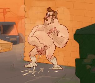 alley balls blush boner bunbunny_(artist) closed_eyes cum cumshot erection facial_hair glasses male male_only mature moustache musk nude obese orgasm penis rick_mitchell smallsrabbit solo solo_male the_mitchells_vs._the_machines