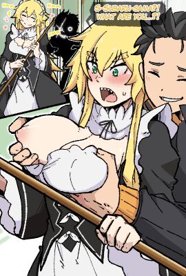 1boy 1girls big_breasts blonde_hair breast_grab breasts breasts_out clothes_pull female frederica_baumann from_behind grabbing_another's_breast grabbing_from_behind green_eyes hallway hanging_breasts holding_breast jacket large_breasts long_hair maid maid_headdress maid_outfit maid_uniform male mark_gavatino nakadashi natsuki_subaru nipples penetration pussy re:zero_kara_hajimeru_isekai_seikatsu roswaal_mansion_maid_uniform sharp_teeth tagme teeth track_jacket vaginal_penetration very_long_hair