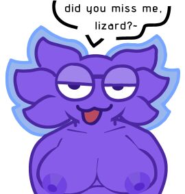 :3 animal anthro anthrofied axolotl axolotl_girl axolotl_humanoid big_breasts big_glasses breasts female glasses igivemadhead lust lustful_gaze naked naked_female no_bra speech_bubble teasing tits_out