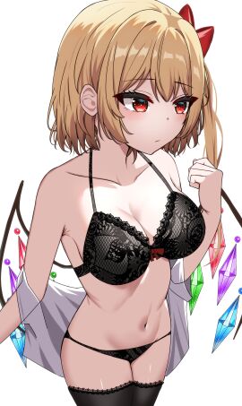 1girls big_breasts blonde_hair blush bra breasts cleavage female flandre_scarlet gems kiui_(dagk8254) looking_away panties ponytail red_eyes side_ponytail solo tagme thighhighs touhou undressing vampire white_background wings
