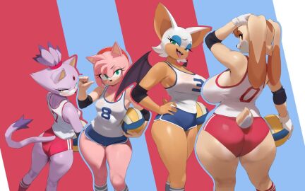 4girls amy_rose anthro anthrofied ass back_view backboob bat bent_over big_ass big_breasts blaze_the_cat blush breasts bubble_ass bubble_butt busty cleavage clothed clothing curvaceous curvy curvy_figure digital_media_(artwork) domestic_cat eulipotyphlan eyebrows eyelashes felid feline female female_focus female_only gem_on_forehead glistening glistening_body gloves green_eyes group hedgehog hourglass_figure lagomorph large_breasts leporid looking_at_viewer looking_back mammal mature_female milf mobian_(species) pink_body pink_fur purple_body purple_fur pussy red_eyes rouge_the_bat sega sideboob small_breasts smewed sonic_(series) sonic_the_hedgehog_(series) tagme thick_thighs thighs uniform vanilla_the_rabbit video_games volleyball volleyball_(ball) volleyball_uniform white_hair wide_hips yellow_body yellow_fur