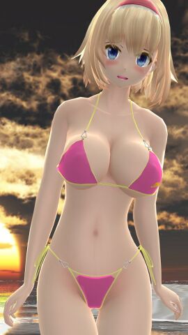 1girls 2023 3d adult_female alice_margatroid beach belly_button bending bikini blonde-haired_female blue_eyes blush breasts clavicle cleavage clouds female hati_yukkuri_mmd headband hips human light-skinned_female light_skin looking_at_viewer mmd open_mouth outdoors pink_bikini short-haired_female sky solo_female solo_focus sunset swimsuit touhou waist water