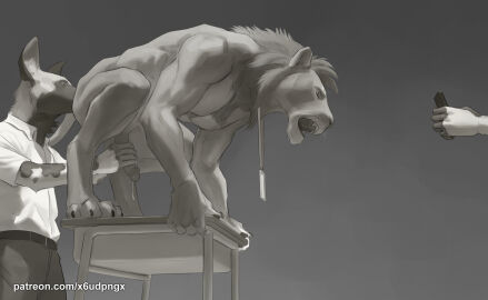 all_fours anal anthro athletic bottomwear cellphone clothed clothed/nude clothing cum_dripping_from_penis desk duo electronics erection felid foreskin furniture genitals handjob hi_res holding_cellphone holding_object holding_phone humanoid_genitalia humanoid_penis humiliation hyena id_card jewelry lion low-angle_view male male/male mammal necklace necklace_only nude on_desk open_mouth oral pantherine pants penile penis penis_grab phone pngx_(artist) public public_humiliation public_nudity recording retracted_foreskin rimming sex shirt side_view signature simple_background standing t-shirt table topwear uncircumcised white_clothing white_shirt white_topwear