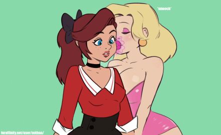 2girls animated before_and_after bimbofication blonde_hair breast_expansion breast_growth breast_growth_(enlargement) breasts brown_hair chess_(chesshire) female female/female female_only femdom femsub hypnotic_kiss kissing mithaa ping pink_hair transformation yuri