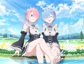 blue_eyes blue_hair feet female not_porn pink_eyes pink_hair ram_(re:zero) re:zero_kara_hajimeru_isekai_seikatsu rem_(re:zero) river safe safe_for_work sfw