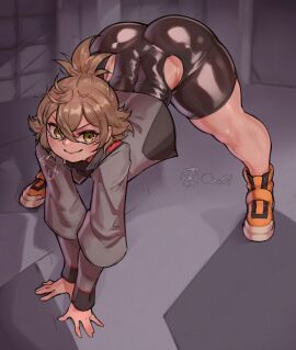 1girls 2d 2d_(artwork) 2d_artwork amber_eyes anime_girl arched_back arms_straight ass ass_bigger_than_head ass_focus ass_up athletic athletic_female big_ass body_suit bottom_heavy breasts brown_hair bubble_ass bubble_butt collared_shirt color colored eyebrows eyebrows_visible_through_hair eyelashes felsi_rollo female fit fit_female green_eyes gundam gundam_suisei_no_majo hair_tied_back hands_on_floor hip_dips hip_vent hips huge_ass large_ass latex latex_suit leaning_forward legs_apart legs_straight light-skinned_female light_skin long_sleeves massive_ass massive_butt muscles muscular muscular_back muscular_legs muscular_thighs naughty_face no_nude ourobot pale-skinned_female pale_skin shiny_clothes short_hair skin_tight skin_tight_suit smile sneakers solo solo_female spread_legs straight_arms straight_legs thick thick_ass thick_calves thick_hips thick_legs thick_thighs tight_clothing toned toned_back toned_body toned_female toned_legs touching_floor wide_hips