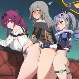 3girls ass bare_shoulders bent_over black_gloves black_jacket blush bottomless breasts bubble_blowing chewing_gum closed_mouth clothed_sex clothing couch drill_hair earrings eyewear eyewear_on_head female fingerless_gloves from_side fur-trimmed_jacket fur_trim futa_with_female futanari gloves goggles goggles_on_head grey_eyes grey_hair group_sex guns_girlz_(series) hair_between_eyes hair_ornament hands_on_another's_hips high_ponytail honkai:_star_rail hood hooded_jacket implied_futanari jacket jewelry kafka_(honkai:_star_rail) large_breasts long_hair long_sleeves looking_at_another looking_at_viewer looking_back motion_lines multiple_girls night night_sky outdoors pince-nez ponytail purple_eyes purple_hair sex sex_from_behind shaddai shirt silver_wolf_(honkai:_star_rail) sky smile standing standing_sex star_(sky) starry_sky stelle_(honkai:_star_rail) sunglasses thigh_strap thighs threesome torso_grab trailblazer_(honkai:_star_rail) white_shirt yellow_eyes