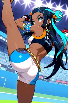 1girls ai_generated ass bike_shorts blue_eyes breasts cameltoe creatures_(company) dark-skinned_female earrings female_focus flexible game_freak hair_ornament jewelry leg_up multicolored_hair nessa_(pokemon) nintendo poke_ball pokemon stadium stadium_background younger_female