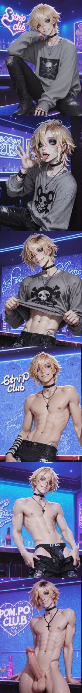 1boy ai_generated blonde_hair blowjob_gesture emo femboy large_penis stable_diffusion taking_clothes_off twink yaoi