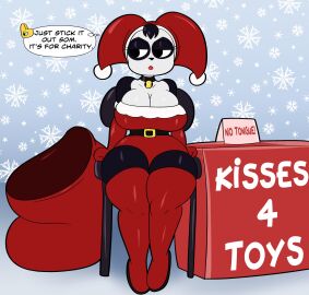 1boy annoyed anthro armwear bell breasts busty_male chair charity christmas cleavage collar disguise eyelashes eyeless femboy fists_clenched furry hair_tuft hourglass_figure lipstick male mascara panda santa_hat sign sitting slim_thick snowflake solo_male someth1ng_(someth1ngoranother) someth1ngoranother sompanda text thigh_high_boots thighs transformation two-tone_body