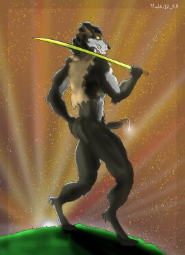absurd_res ambiguous_fluids anthro ass butt_focus canid canine clothing digitigrade_footwear digitigrade_paws dire_(fortnite) epic_games fangs footwear fortnite furgonomic_footwear furgonomics genitals glans glistening glistening_eyes gradient_background grass grass_field hi_res illuminated jacket katana larger_male long_penis machki12_ka male mammal melee_weapon morning mythological_canine mythological_creature mythology paws penis plant side_view simple_background size_difference solo sword sword_on_shoulder teeth topwear weapon werecanid werecanine werecreature werewolf yellow_eyes