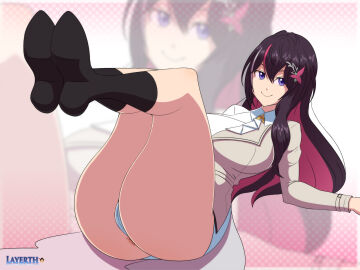 1girls anus anus_peek ass azki_(hololive) big_ass black_hair blue_eyes boots breasts cameltoe colored_inner_hair dress feet female hair_ornament high_heel_boots highres hips hololive hololive_gen_0 hololive_japan jacket layerth legs legs_up long_hair looking_at_viewer on_back panties pink_hair pussy solo thick_thighs thighs virtual_youtuber white_dress wide_hips