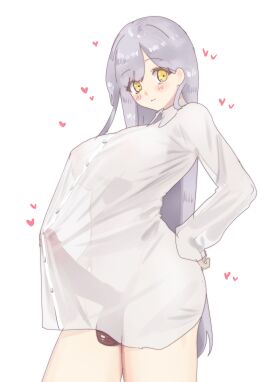 1futa asahiru_nenne balls big_breasts big_penis blush bottomless breasts bulge closed_mouth clothed clothing dark_penis erection erection_under_clothes futa_only futanari hand_on_own_hip highres human intersex large_breasts large_penis light-skinned_futa light_skin long_hair long_sleeves looking_at_viewer mostly_clothed naked_shirt nnnashr original penis purple_hair see-through see-through_shirt shirt smile solo standing tenting testicles white_background white_shirt yellow_eyes