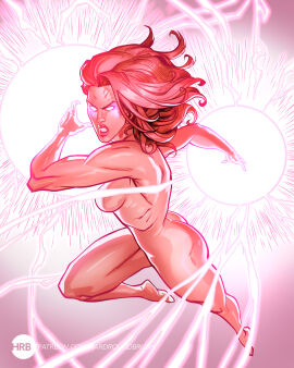 1girls atom_eve breasts completely_nude convenient_censoring earrings female female_only flying glowing_eyes hardbrush invincible light-skinned_female light_skin medium_breasts muscular muscular_arms muscular_female nude nude_female orange_hair patreon_username solo solo_female superheroine